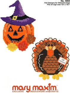 two pumpkins and a turkey with a witch's hat