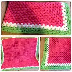 three pictures of a crocheted watermelon blanket and pillow on the floor