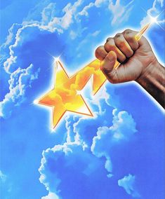 a painting of a hand holding a star in the air with clouds behind it and blue sky above