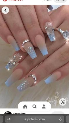 Stone Nails, Blue Prom Nails, Blue Ombre Nails, Ombre Acrylic Nails, Aesthetic Nails, Crystal Nails, Acrylic Nails Coffin