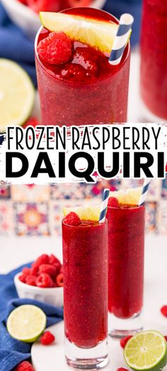 frozen raspberry daiquar is garnished with fresh raspberries and lime