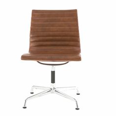 a brown leather office chair sitting on top of a metal base