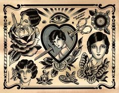 an old school tattoo design with women and flowers on it's border, in the shape of a heart