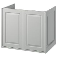 a white cabinet with two doors and one drawer on the left side, in front of a white background