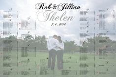 a couple standing next to each other in front of a wedding seating chart with names on it