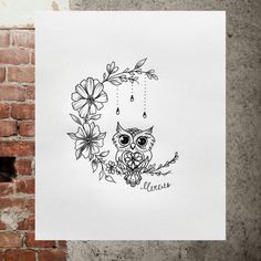 a drawing of an owl sitting on a branch with flowers and rain drops hanging from it