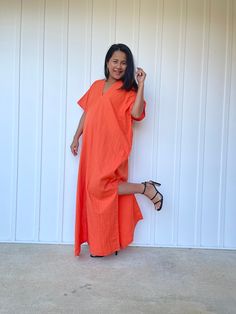 MALA handworks Gloria Double Gauze Cotton Kaftan in Orange Orange Maxi Length Kaftan For Spring, Orange V-neck Maxi Dress For Beach, Orange Kaftan For Spring Beach Cover-up, Orange V-neck Maxi Dress For Beach Cover-up, Summer Flowy Orange Maxi Dress, Flowy Orange Summer Maxi Dress, Orange Flowy Summer Maxi Dress, Orange V-neck Cover-up For Spring, Spring Orange Beach Dress