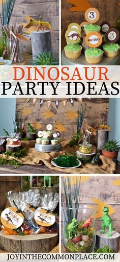 an assortment of dinosaur party ideas including cupcakes and desserts