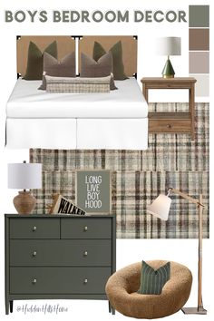 the bedroom is decorated in shades of green, brown and white with an accent color scheme