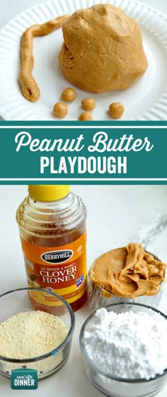 peanut butter playdough recipe on a white plate with ingredients for the peanut butter playdough