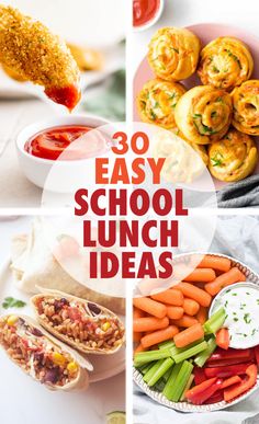 the words 30 easy school lunch ideas are in red and white letters, along with pictures of