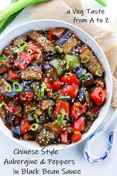 Vegan Aubergine & Peppers in Black Bean Sauce - a Veg Taste from A to Z Chinese Vegetarian Recipes, Black Bean Sauce Recipe, Chinese Vegetarian, Aubergine Recipe, Bean Sauce, Vegan Fish, Black Bean Sauce, Poached Chicken