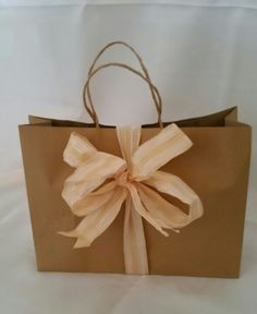 a brown paper bag with a large bow on the front and side, sitting on a white surface