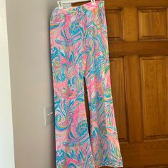 Nwt Perfect Condition Full Length Pants For Beach Vacation, Multicolor Wide Leg Beachwear Bottoms, Spring Beachwear High-waisted Pants, Pink Lounge Pants For Beach Season, Pink Pants With Elastic Waistband For Beach Season, Spring Stretch Beachwear Pants, Stretch Beachwear Pants For Spring, Fitted Multicolor Summer Pants, Summer Fitted Pants With Elastic Waistband