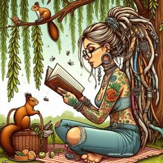 a woman sitting on the ground reading a book next to a squirrel