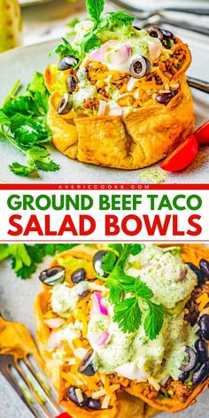 Everyone will love this simple side dish recipe! It's a dinner salad served in homemade tortilla bowls. Topped with a creamy lime cilantro dressing, these Beef Taco Salad Bowls are hearty and full of Mexican-inspired flavors! Work Salads, Beef Taco Salad, Taco Salad Bowls, French Onion Soup Bowls, Tortilla Bowls, Beef Taco, Cilantro Lime Dressing, Ground Beef Tacos, Mexican Foods