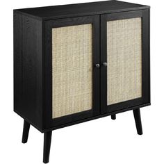 a black cabinet with two doors and wicker panels on the front, against a white background