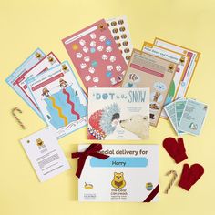 styled flatlay photograph by Emma TS Robinson, which shows the contents of a  kids book subscription box, arranged on a yellow background, Christmas theme New Work, How To Find Out, Dots, Photographer, Photography