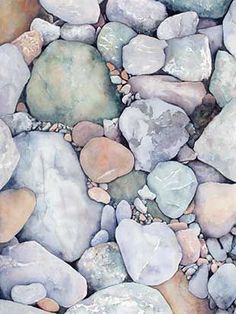 a painting of rocks and pebbles on the ground with watercolors in it's center