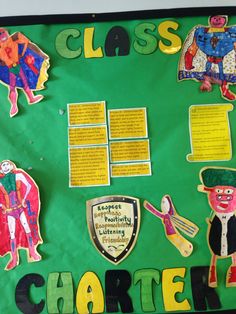 a bulletin board with different types of characters on it