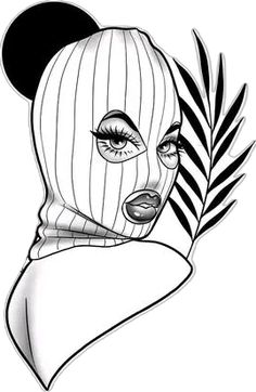 a black and white drawing of a woman wearing a striped mask with ears on her head