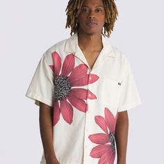 Laurel Buttondown Shirt is a short sleeve woven linen shirt featuring a pigment print of a flower on the front, a washed back look for a worn-in vibe, front button closure, and front left chest pocket with clip label. 80% Cotton 20% Linen fabricShort sleeve woven shirtPigment printWashed back lookLoose fitModel wearing size Medium | Vans Laurel Buttondown Shirt Men's 2XL Cheap Printed Relaxed Fit Short Sleeve Shirt, Cheap Daywear Shirt With Pockets, Cheap Short Sleeve Hawaiian Shirt For Streetwear, Half Sleeve Printed Shirts For Men, Pattern Shirt Outfit, Cuban Shirts, Shirt Outfit Men, Flower Print Shirt, Half Shirts