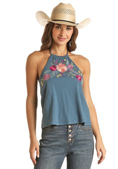 PANHANDLE SLIM Shirts Rock & Roll Cowgirl Women's Floral Embroidered Halter Tank RRWT20RZN5 Navy Tank Top, Halter Tank Top, Halter Tank, Rock Roll, Halter Style, Stylish Fashion, Western Wear, Embroidered Flowers, Favorite Jeans