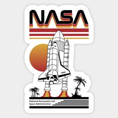 an nasa sticker with the space shuttle on it and palm trees in the background