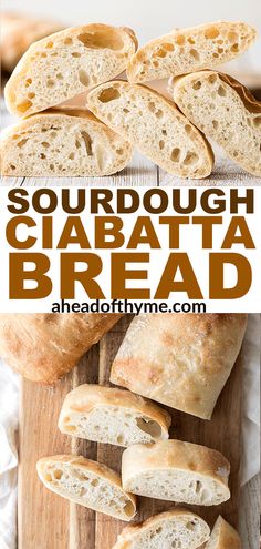 sourdough ciabatta bread on a cutting board with text overlay