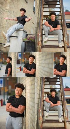 a man sitting on top of a set of steps next to a building with his arms crossed