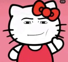 an animated hello kitty with a red bow on it's head and pink background