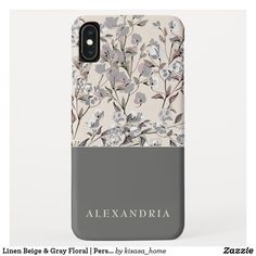 an iphone case with flowers on it and the name alexandria written in black ink, is shown