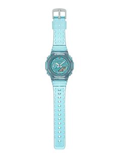 The GMA-S2100SK-2A Casio G-Shock Mini CasiOak Metallic Skeleton watch is a women's watch that features a blue metallic skeleton design. It has a blue resin band and a clear resin case with a see-through dial. The watch is shock-resistant and water-resistant up to 200 meters. It has a LED light, world time, stopwatch, countdown timer, 5 daily alarms, hourly time signal, and a full auto-calendar. The watch also has a battery life of approximately 3 years. The combination of its chic design and pra Matte Jewelry, Timepiece Design, Resin Case, It Band, Skeleton Design, Blue Watches, Countdown Timer, Casio G Shock, Clock Face