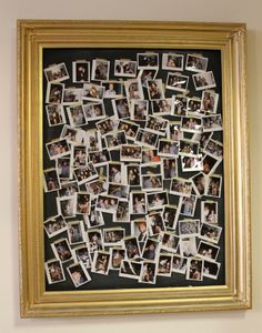 a collage of photos is hanging on the wall in front of a framed photo