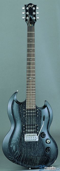 an electric guitar is shown with its neck painted black and has a blue swirl design on it