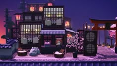 an animated city with lots of buildings and flowers in the foreground, at night