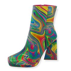 These gorgeous statement boots are a must have for every fashionista. Featuring a vibrant marble multi colored detail and stacked heel for that sassy and classy look. Finished with a lightly padded insole and easy slide style.Material: PVC (man-made)Sole: Synthetic Measurement Heel Height: 4” (approx) Multicolor High Heel Party Boots, Multicolor Round Toe Boots For Party, Multicolor High Ankle Party Boots, Multicolor Round Toe Heeled Boots For Party, Multicolor Ankle Boot Heels For Fall, Trendy Multicolor Party Boots, Trendy Multicolor Ankle Boot Heels, Trendy Spring Platform Boots With Stacked Heel, Multicolor High Heel Boots For Spring