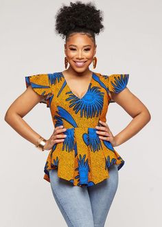 African Fashion Tops Blouses, African Tops For Women With Jeans, Vestidos Curvy, Kitenge Tops, African Print Peplum Top, Blue Kente, Peplum Ankara