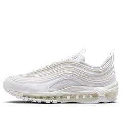 The Nike Air Max 97 'Triple White' is a stylish and comfortable sneaker for women. Drawing inspiration from Japanese high-speed trains, this sneaker features a classic ripple design and full-length Nike Air cushioning for a smooth ride. The sleek black upper is complemented by a white and black colorway for a modern look. Perfect for running, walking, or any other activity, the Nike Air Max 97 'Triple White' is sure to be a hit. (SNKR/Retro/Light/Low Top/Women's/Recyclable Materials) Sneakers Noir, Adidas Spezial, Nike Air Max For Women, Nike Dunk High, Air Max Women, Casual Sneakers Women, Air Jordan 3, Nike Air Max Plus, Jordan 13