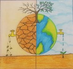 a drawing of the earth with water coming out of it and a tree growing on top