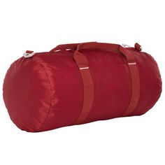 a red duffel bag on a white background