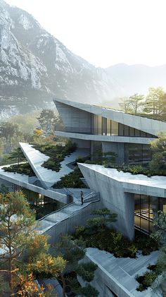 an architectural rendering of a building with multiple levels and plants growing on the side of it