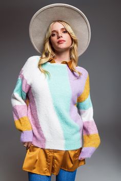 Introducing our charming Relaxed Multicolor Diagonal Stripe Sweater in Pastel Colors, a delightful addition to your wardrobe that effortlessly combines comfort and a playful array of multicolor pastel stripes, perfect for a refreshing spring look. This relaxed fit sweater features a boat neck, drop shoulders, and long sleeves, making it a versatile and comfortable choice for any occasion. With its wide diagonal stripes in multicolor pastel shades, it adds a touch of vibrancy to your outfit. Craf Cozy Spring Outfits, Perfect Spring Outfit, Casually Chic, Pastel Stripes, Stylish Sweaters, Diagonal Stripes, Clothing Design, Spring Wardrobe, Spring Looks