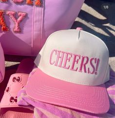 tan with light pink bill and she said CHEERS! in a light pink embroidery Happy Pics, Pink Trucker Hat, Vintage Trucker Hat, Neoprene Bag, Summer Picture Poses, Vintage Trucker Hats, Apple Coloring, Embroidered Hats, Embroidered Sweatshirts