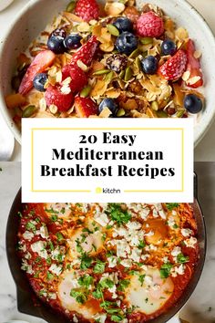 the cover of 20 easy mediterraneann breakfast recipes, including pizza and fruit salads