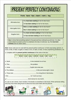 a printable worksheet for present perfect continuous tense with pictures on the page