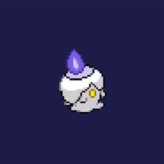 an old - school pixel art style image of a skull with a purple hat on it's head