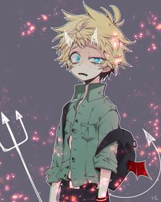 an anime character with blonde hair and blue eyes, holding a pitchfork in his hand