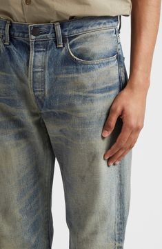 A dirty dry process of premium Japanese nonstretch denim creates unique whiskers throughout these five-pocket jeans. 31" inseam; 13" leg opening; 10" front rise; 14 1/2" back rise (size 30) Button fly Five-pocket style 100% cotton Machine wash, line dry Made in Japan Designer Clothing Rugged Straight Leg Pre-washed Jeans, Rugged Straight Leg Pre-washed Bottoms, Rugged Faded Rigid Denim Jeans, Pre-washed Straight Leg Rigid Denim Jeans, Rugged Straight Leg Bottoms, Pre-washed, Pre-washed Rigid Denim Straight Leg Jeans, Faded Rigid Denim Pants With Five Pockets, Rugged Washed Straight Leg Bottoms, Rugged Straight Leg Bottoms With Five Pockets