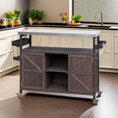 a kitchen island with sliding doors on the side